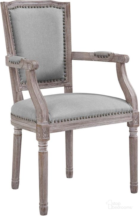 The appearance of Penchant Light Gray Vintage French Upholstered Fabric Dining Arm Chair designed by Modway in the modern / contemporary interior design. This light gray piece of furniture  was selected by 1StopBedrooms from Penchant Collection to add a touch of cosiness and style into your home. Sku: EEI-2606-LGR. Material: Wood. Product Type: Arm Chair. Image1