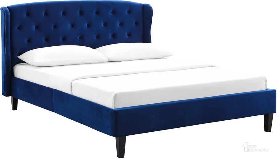 The appearance of Penelope Tufted Wingback Queen Performance Velvet Platform Bed designed by Modway in the modern / contemporary interior design. This navy piece of furniture  was selected by 1StopBedrooms from Penelope Collection to add a touch of cosiness and style into your home. Sku: MOD-6180-NAV. Bed Type: Platform Bed. Product Type: Platform Bed. Bed Size: Queen. Material: Plywood. Image1
