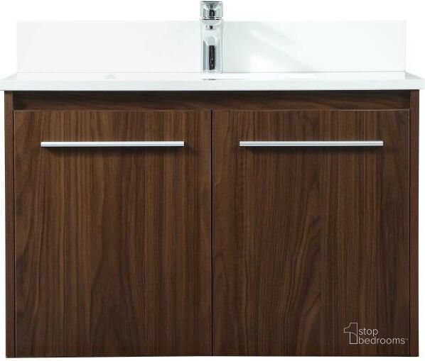 The appearance of Penn 30 Inch Single Bathroom Vanity In Walnut With Backsplash designed by Elegant Lighting in the transitional interior design. This walnut piece of furniture  was selected by 1StopBedrooms from Penn Collection to add a touch of cosiness and style into your home. Sku: VF44530MWT-BS. Material: MDF. Product Type: Bathroom Vanity. Image1