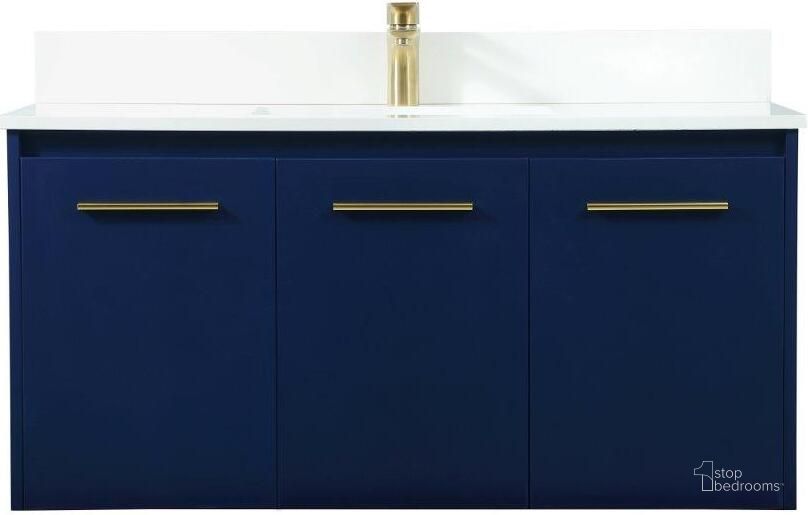 The appearance of Penn 40 Inch Single Bathroom Vanity In Blue With Backsplash designed by Elegant Lighting in the transitional interior design. This blue piece of furniture  was selected by 1StopBedrooms from Penn Collection to add a touch of cosiness and style into your home. Sku: VF44540MBL-BS. Material: MDF. Product Type: Bathroom Vanity. Image1