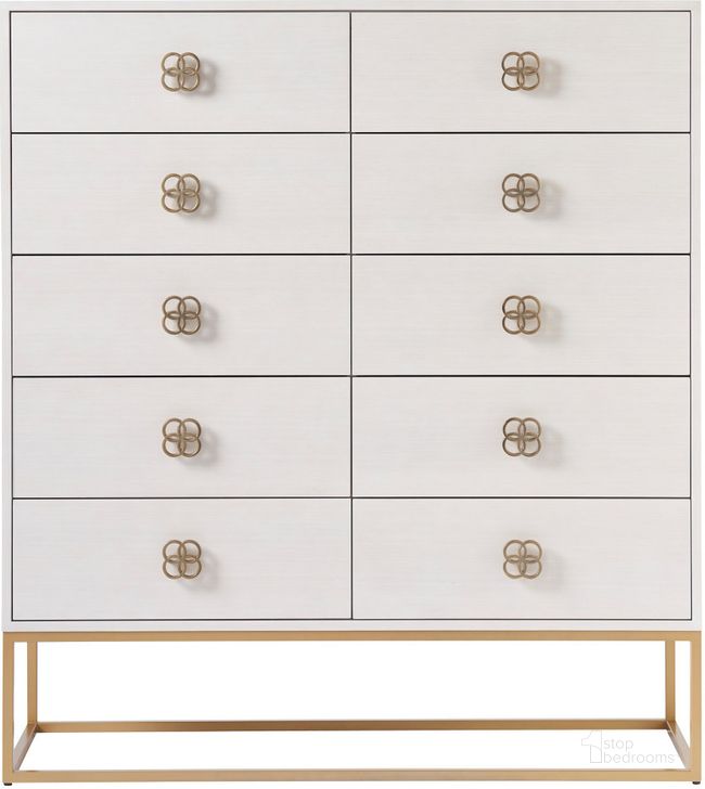 The appearance of Peony Drawer Chest In Alabaster designed by Universal in the transitional interior design. This alabaster piece of furniture  was selected by 1StopBedrooms from Peony Collection to add a touch of cosiness and style into your home. Sku: 956A150. Material: Metal. Product Type: Chest. Image1