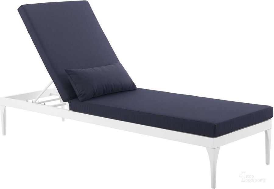 The appearance of Perspective White Navy Cushion Outdoor Patio Chaise Lounge Chair designed by Modway in the modern / contemporary interior design. This white navy piece of furniture  was selected by 1StopBedrooms from Perspective Collection to add a touch of cosiness and style into your home. Sku: EEI-3301-WHI-NAV. Product Type: Outdoor Chair. Material: Foam. Image1