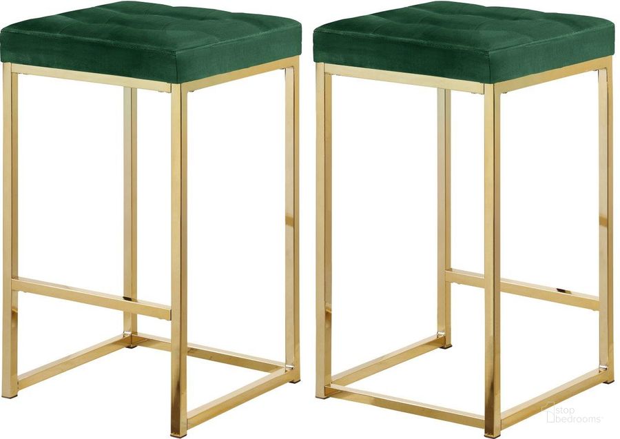 The appearance of Pertham Green Velvet Barstool Set of 2 designed by Furnique in the modern / contemporary interior design. This green velvet piece of furniture  was selected by 1StopBedrooms from Pertham Collection to add a touch of cosiness and style into your home. Sku: 906Green-C. Product Type: Barstool. Material: Velvet. Image1