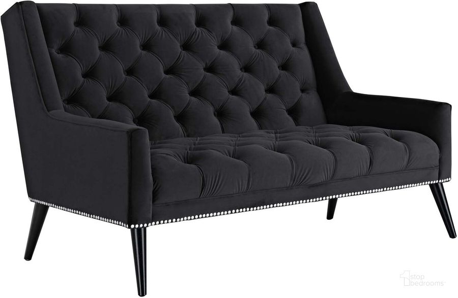 The appearance of Peruse Black Performance Velvet Loveseat designed by Modway in the modern / contemporary interior design. This black piece of furniture  was selected by 1StopBedrooms from Peruse Collection to add a touch of cosiness and style into your home. Sku: EEI-2462-BLK. Material: Wood. Product Type: Loveseat. Image1