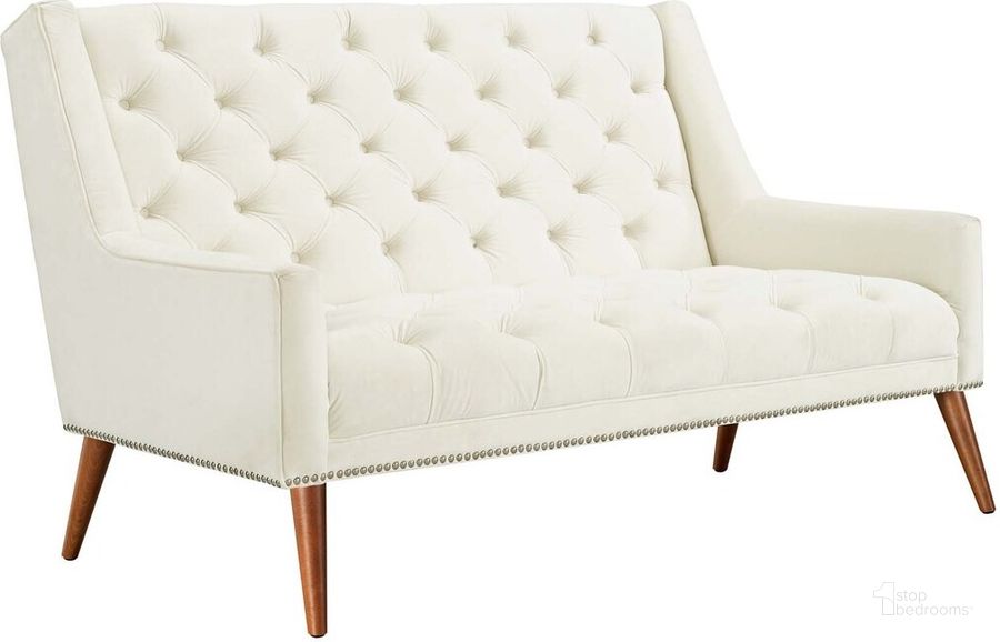 The appearance of Peruse Performance Velvet Loveseat In Ivory designed by Modway in the modern / contemporary interior design. This ivory piece of furniture  was selected by 1StopBedrooms from Peruse Collection to add a touch of cosiness and style into your home. Sku: EEI-2462-IVO. Material: Wood. Product Type: Loveseat. Image1