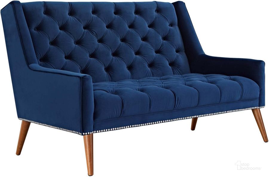 The appearance of Peruse Navy Performance Velvet Loveseat designed by Modway in the modern / contemporary interior design. This navy piece of furniture  was selected by 1StopBedrooms from Peruse Collection to add a touch of cosiness and style into your home. Sku: EEI-2462-NAV. Material: Wood. Product Type: Loveseat. Image1
