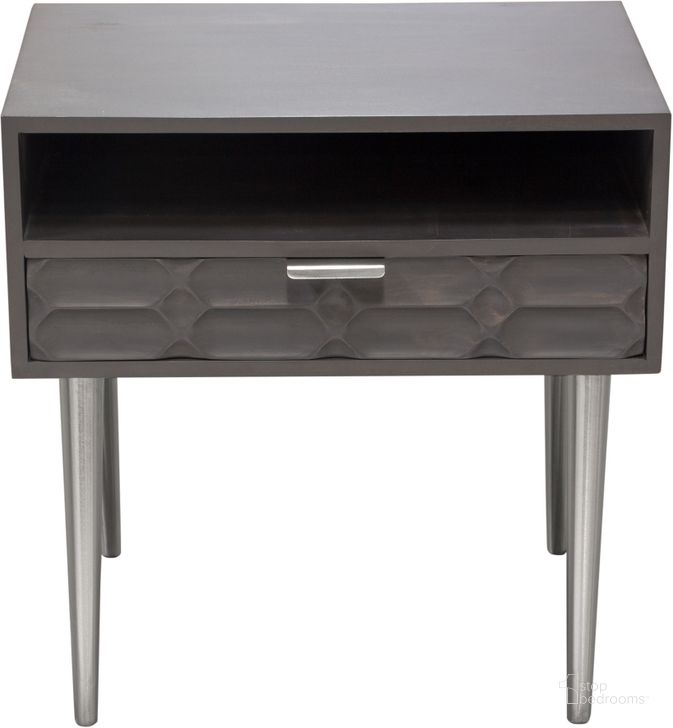 The appearance of Petra Solid Mango Wood 1-Drawer Accent Table in Smoke Grey Finish with Nickel Legs designed by Diamond Sofa in the modern / contemporary interior design. This grey piece of furniture  was selected by 1StopBedrooms from Petra Collection to add a touch of cosiness and style into your home. Sku: PETRAETGR. Material: Wood. Product Type: Accent Table. Image1