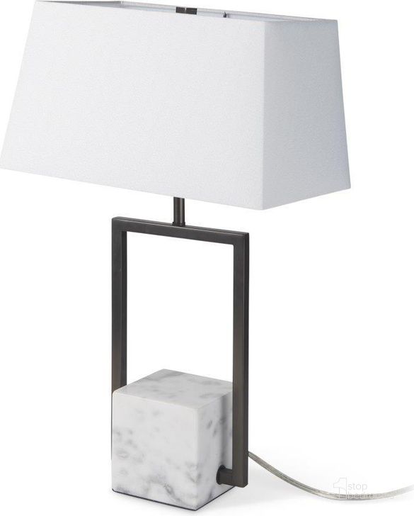 The appearance of Peyton Black Metal With Marble Cube And White Shade Table Lamp designed by Mercana in the modern / contemporary interior design. This black and white piece of furniture  was selected by 1StopBedrooms from Peyton Collection to add a touch of cosiness and style into your home. Sku: 69701. Material: Metal. Product Type: Table Lamp. Image1