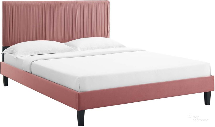 The appearance of Peyton Performance Velvet Queen Platform Bed MOD-6597-DUS designed by Modway in the modern / contemporary interior design. This dusty rose piece of furniture  was selected by 1StopBedrooms from Peyton Collection to add a touch of cosiness and style into your home. Sku: MOD-6597-DUS. Bed Type: Platform Bed. Product Type: Platform Bed. Bed Size: Queen. Material: MDF. Image1