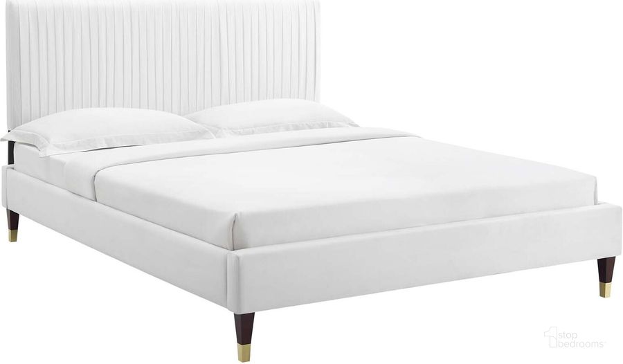 The appearance of Peyton Performance Velvet Twin Platform Bed MOD-6866-WHI designed by Modway in the modern / contemporary interior design. This white piece of furniture  was selected by 1StopBedrooms from Peyton Collection to add a touch of cosiness and style into your home. Sku: MOD-6866-WHI. Bed Type: Platform Bed. Product Type: Platform Bed. Bed Size: Twin. Material: MDF. Image1