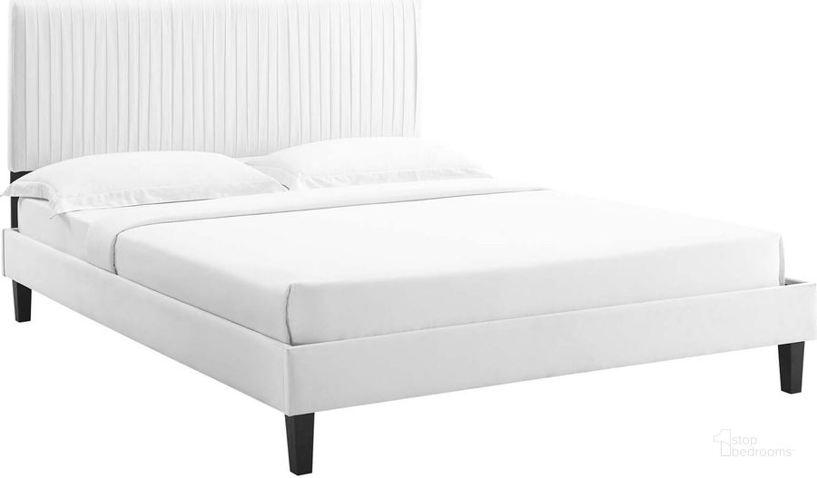 The appearance of Peyton Performance Velvet Twin Platform Bed MOD-6867-WHI designed by Modway in the modern / contemporary interior design. This white piece of furniture  was selected by 1StopBedrooms from Peyton Collection to add a touch of cosiness and style into your home. Sku: MOD-6867-WHI. Bed Type: Platform Bed. Product Type: Platform Bed. Bed Size: Twin. Material: MDF. Image1
