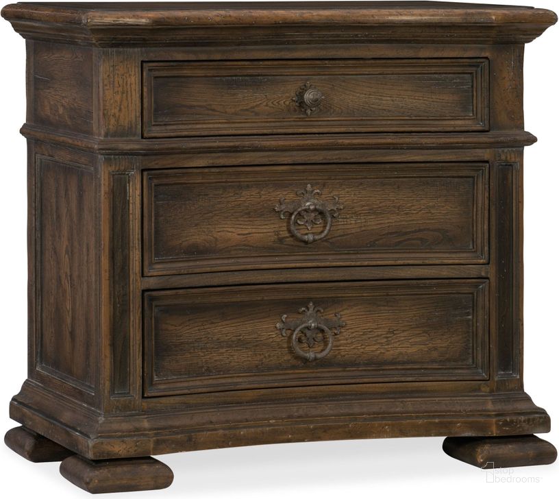 The appearance of Hill Country Elmendorf Saddle Brown and Black 3 Drawer Nightstand designed by Hooker in the traditional interior design. This brown piece of furniture  was selected by 1StopBedrooms from Hill Country Collection to add a touch of cosiness and style into your home. Sku: 5960-90016-MULTI. Material: Wood. Product Type: Nightstand. Image1