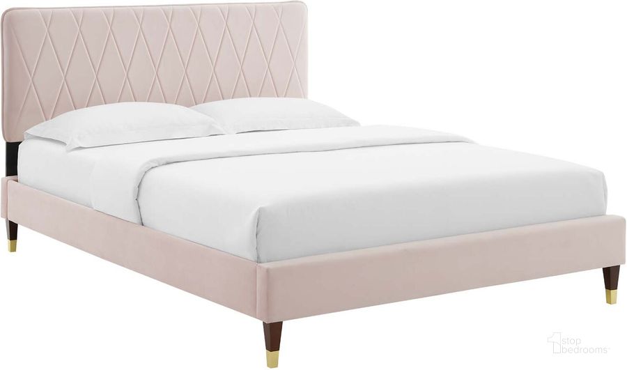 The appearance of Phillipa Performance Velvet Full Platform Bed MOD-6923-PNK designed by Modway in the modern / contemporary interior design. This pink piece of furniture  was selected by 1StopBedrooms from Phillipa Collection to add a touch of cosiness and style into your home. Sku: MOD-6923-PNK. Bed Type: Platform Bed. Product Type: Platform Bed. Bed Size: Full. Material: MDF. Image1