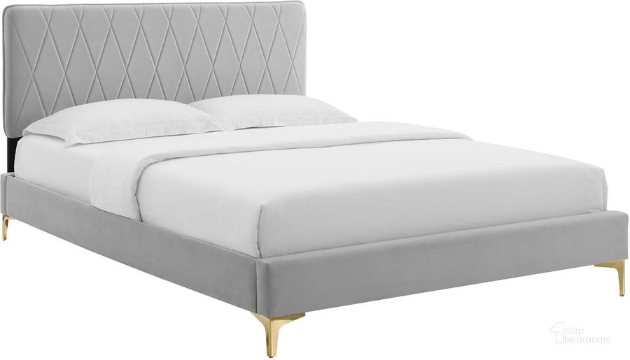 The appearance of Phillipa Performance Velvet King Platform Bed MOD-6928-LGR designed by Modway in the modern / contemporary interior design. This light gray piece of furniture  was selected by 1StopBedrooms from Phillipa Collection to add a touch of cosiness and style into your home. Sku: MOD-6928-LGR. Bed Type: Platform Bed. Product Type: Platform Bed. Bed Size: King. Material: MDF. Image1