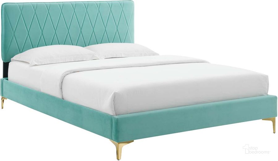 The appearance of Phillipa Performance Velvet King Platform Bed MOD-6928-MIN designed by Modway in the modern / contemporary interior design. This mint piece of furniture  was selected by 1StopBedrooms from Phillipa Collection to add a touch of cosiness and style into your home. Sku: MOD-6928-MIN. Bed Type: Platform Bed. Product Type: Platform Bed. Bed Size: King. Material: MDF. Image1