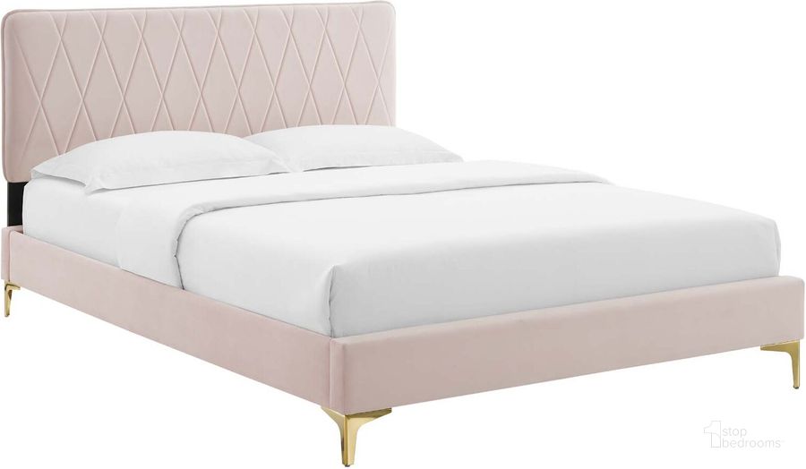 The appearance of Phillipa Performance Velvet King Platform Bed MOD-6928-PNK designed by Modway in the modern / contemporary interior design. This pink piece of furniture  was selected by 1StopBedrooms from Phillipa Collection to add a touch of cosiness and style into your home. Sku: MOD-6928-PNK. Bed Type: Platform Bed. Product Type: Platform Bed. Bed Size: King. Material: MDF. Image1