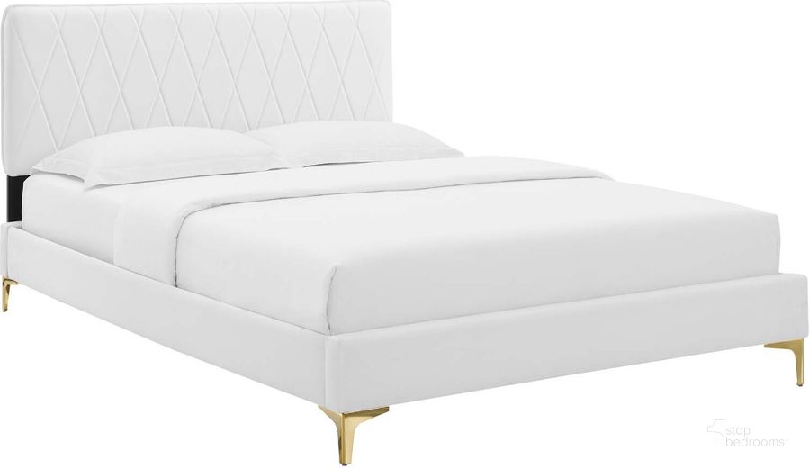 The appearance of Phillipa Performance Velvet King Platform Bed MOD-6928-WHI designed by Modway in the modern / contemporary interior design. This white piece of furniture  was selected by 1StopBedrooms from Phillipa Collection to add a touch of cosiness and style into your home. Sku: MOD-6928-WHI. Bed Type: Platform Bed. Product Type: Platform Bed. Bed Size: King. Material: MDF. Image1