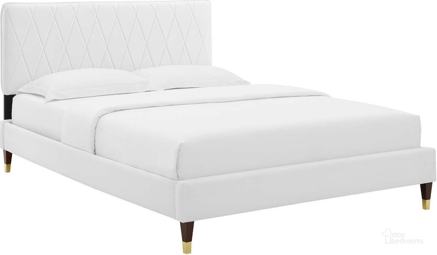 The appearance of Phillipa Performance Velvet King Platform Bed MOD-6929-WHI designed by Modway in the modern / contemporary interior design. This white piece of furniture  was selected by 1StopBedrooms from Phillipa Collection to add a touch of cosiness and style into your home. Sku: MOD-6929-WHI. Bed Type: Platform Bed. Product Type: Platform Bed. Bed Size: King. Material: MDF. Image1