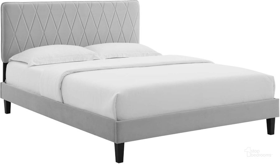 The appearance of Phillipa Performance Velvet King Platform Bed MOD-6930-LGR designed by Modway in the modern / contemporary interior design. This light gray piece of furniture  was selected by 1StopBedrooms from Phillipa Collection to add a touch of cosiness and style into your home. Sku: MOD-6930-LGR. Bed Type: Platform Bed. Product Type: Platform Bed. Bed Size: King. Material: MDF. Image1