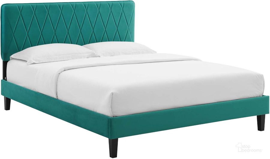 The appearance of Phillipa Performance Velvet King Platform Bed MOD-6930-TEA designed by Modway in the modern / contemporary interior design. This teal piece of furniture  was selected by 1StopBedrooms from Phillipa Collection to add a touch of cosiness and style into your home. Sku: MOD-6930-TEA. Bed Type: Platform Bed. Product Type: Platform Bed. Bed Size: King. Material: MDF. Image1