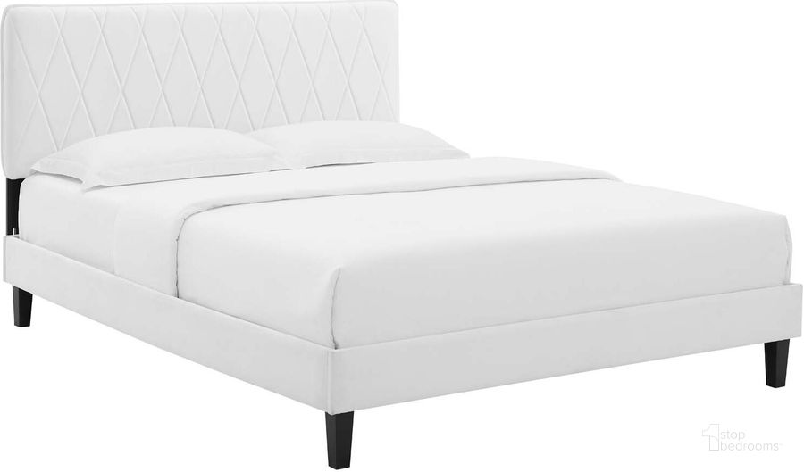 The appearance of Phillipa Performance Velvet King Platform Bed MOD-6930-WHI designed by Modway in the modern / contemporary interior design. This white piece of furniture  was selected by 1StopBedrooms from Phillipa Collection to add a touch of cosiness and style into your home. Sku: MOD-6930-WHI. Bed Type: Platform Bed. Product Type: Platform Bed. Bed Size: King. Material: MDF. Image1