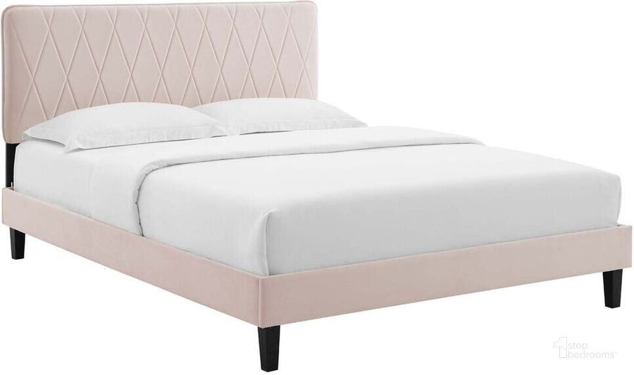 The appearance of Phillipa Performance Velvet Queen Platform Bed In Pink designed by Modway in the modern / contemporary interior design. This pink piece of furniture  was selected by 1StopBedrooms from Phillipa Collection to add a touch of cosiness and style into your home. Sku: MOD-6708-PNK. Bed Type: Platform Bed. Product Type: Platform Bed. Bed Size: Queen. Material: MDF. Image1
