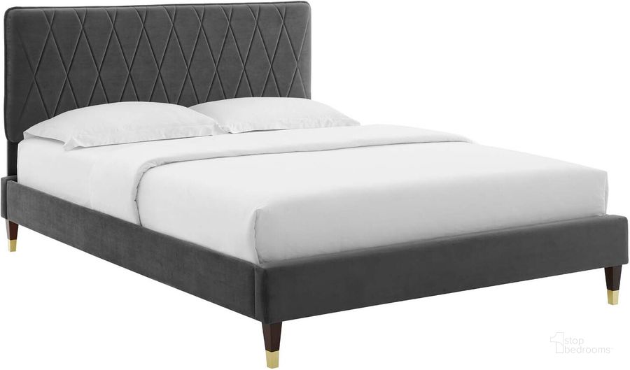 The appearance of Phillipa Performance Velvet Queen Platform Bed MOD-6707-CHA designed by Modway in the modern / contemporary interior design. This charcoal piece of furniture  was selected by 1StopBedrooms from Phillipa Collection to add a touch of cosiness and style into your home. Sku: MOD-6707-CHA. Bed Type: Platform Bed. Product Type: Platform Bed. Bed Size: Queen. Material: MDF. Image1
