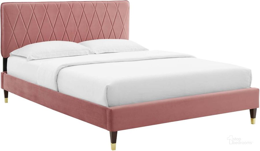 The appearance of Phillipa Performance Velvet Queen Platform Bed MOD-6707-DUS designed by Modway in the modern / contemporary interior design. This dusty rose piece of furniture  was selected by 1StopBedrooms from Phillipa Collection to add a touch of cosiness and style into your home. Sku: MOD-6707-DUS. Bed Type: Platform Bed. Product Type: Platform Bed. Bed Size: Queen. Material: MDF. Image1