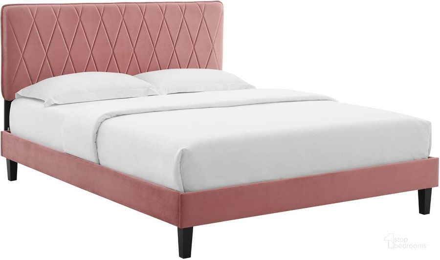The appearance of Phillipa Performance Velvet Queen Platform Bed MOD-6708-DUS designed by Modway in the modern / contemporary interior design. This dusty rose piece of furniture  was selected by 1StopBedrooms from Phillipa Collection to add a touch of cosiness and style into your home. Sku: MOD-6708-DUS. Bed Type: Platform Bed. Product Type: Platform Bed. Bed Size: Queen. Material: MDF. Image1