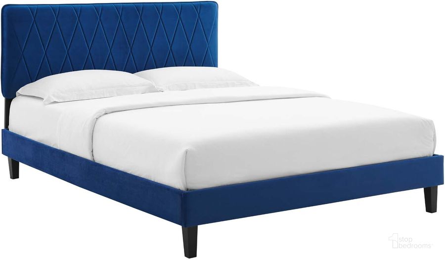 The appearance of Phillipa Performance Velvet Queen Platform Bed MOD-6708-NAV designed by Modway in the modern / contemporary interior design. This navy piece of furniture  was selected by 1StopBedrooms from Phillipa Collection to add a touch of cosiness and style into your home. Sku: MOD-6708-NAV. Bed Type: Platform Bed. Product Type: Platform Bed. Bed Size: Queen. Material: MDF. Image1