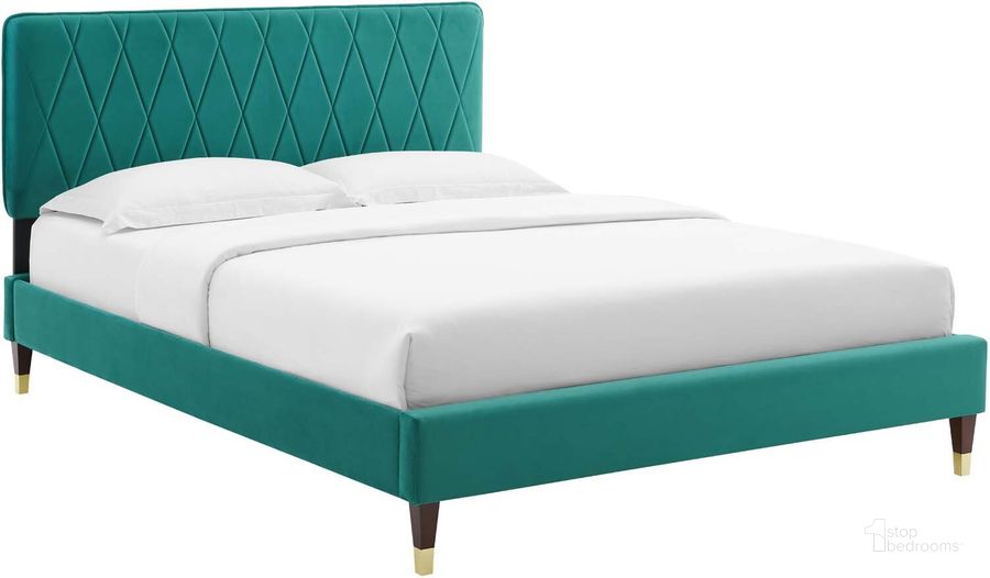 The appearance of Phillipa Performance Velvet Twin Platform Bed MOD-6899-TEA designed by Modway in the modern / contemporary interior design. This teal piece of furniture  was selected by 1StopBedrooms from Phillipa Collection to add a touch of cosiness and style into your home. Sku: MOD-6899-TEA. Bed Type: Platform Bed. Product Type: Platform Bed. Bed Size: Twin. Material: MDF. Image1