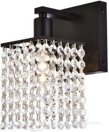 The appearance of Phineas 1 Light Bath Sconce In Black With Clear Crystals designed by Elegant Lighting in the industrial interior design. This black piece of furniture  was selected by 1StopBedrooms from Phineas Collection to add a touch of cosiness and style into your home. Sku: LD7006BK. Product Type: Vanity Light. Material: Iron. Image1