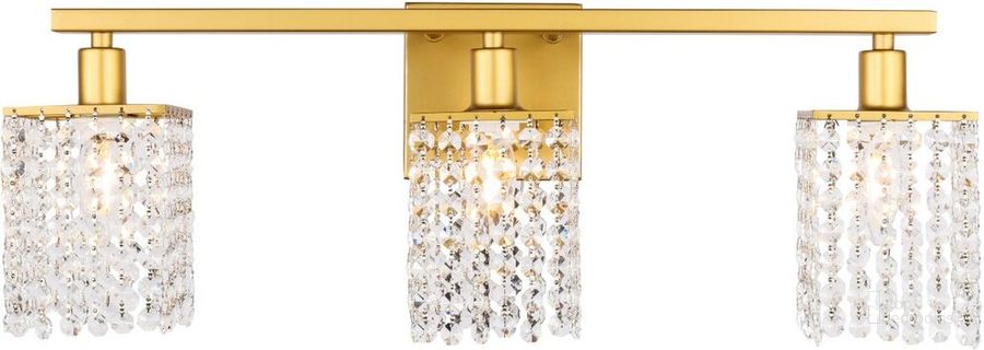 The appearance of Phineas 3 Light Brass And Clear Crystals Wall Sconce designed by Elegant Lighting in the industrial interior design. This brass piece of furniture  was selected by 1StopBedrooms from Phineas Collection to add a touch of cosiness and style into your home. Sku: LD7010BR. Product Type: Wall Sconce. Material: Iron. Image1