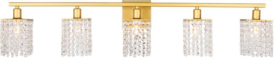 The appearance of Phineas 5 Light Brass And Clear Crystals Wall Sconce designed by Elegant Lighting in the industrial interior design. This brass piece of furniture  was selected by 1StopBedrooms from Phineas Collection to add a touch of cosiness and style into your home. Sku: LD7014BR. Product Type: Wall Sconce. Material: Iron. Image1