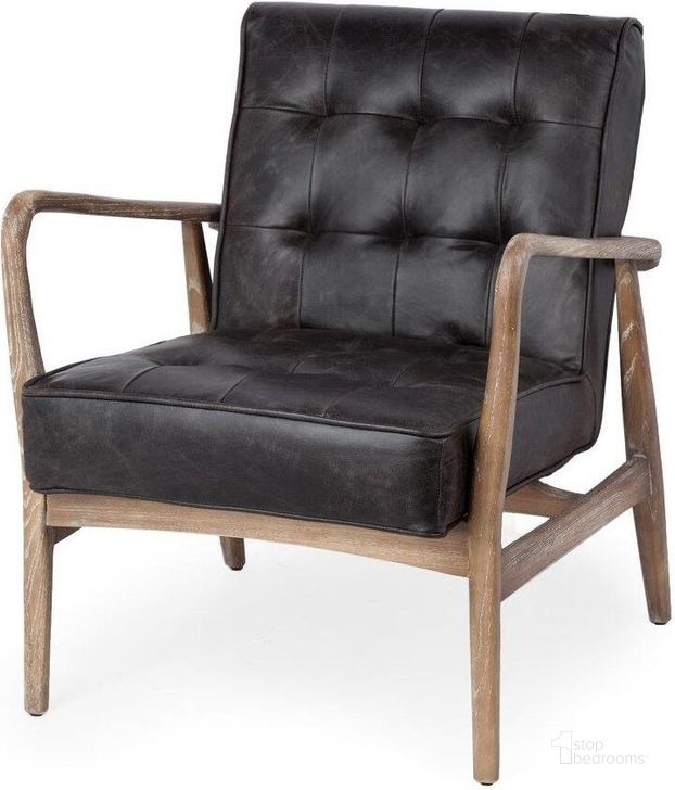 The appearance of Phineas Black Leather With Brown Wooden Frame Accent Chair designed by Mercana in the modern / contemporary interior design. This black and brown piece of furniture  was selected by 1StopBedrooms from Phineas Collection to add a touch of cosiness and style into your home. Sku: 67687. Material: Wood. Product Type: Accent Chair. Image1