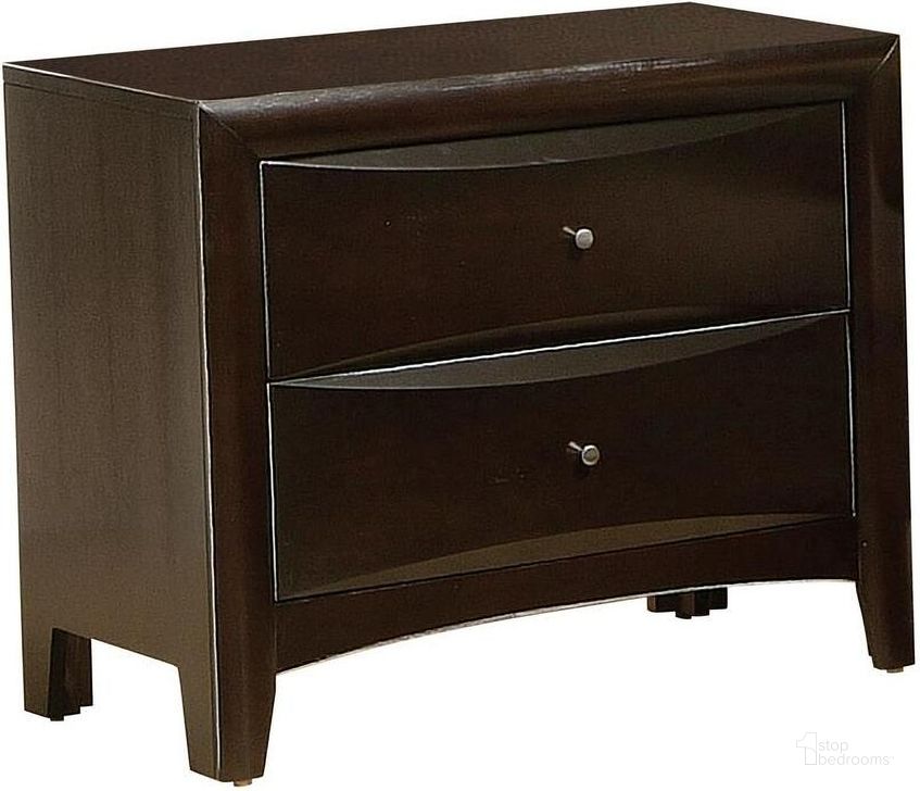 The appearance of Phoenix Cappuccino Nightstand designed by Coaster in the modern / contemporary interior design. This brown piece of furniture  was selected by 1StopBedrooms from Phoenix Collection to add a touch of cosiness and style into your home. Sku: 200412. Material: Wood. Product Type: Nightstand. Image1