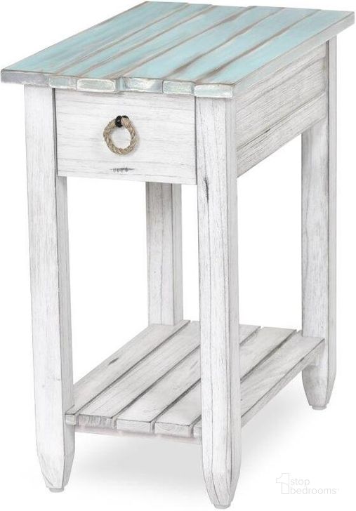 The appearance of Picket Fence Chairside Table In Blue And White designed by Sea Winds Trading in the transitional interior design. This blue and white piece of furniture  was selected by 1StopBedrooms from Picket Fence Collection to add a touch of cosiness and style into your home. Sku: B78205-DBLEU/WH. Material: Wood. Product Type: Chairside Table. Image1
