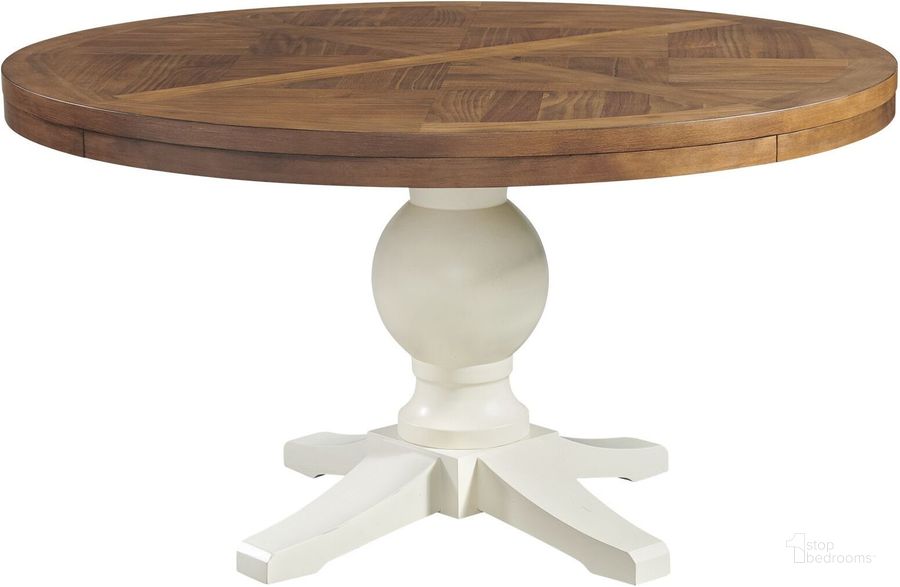 The appearance of Picket House Furnishings Barrett Round Standard Height Dining Table designed by Picket House in the country / farmhouse interior design. This natural and white piece of furniture  was selected by 1StopBedrooms from Barrett Collection to add a touch of cosiness and style into your home. Sku: DPK100RDDT;DPK100RDDB. Table Base Style: Pedestal. Table Top Shape: Round. Material: Wood. Product Type: Dining Table. Size: 54". Image1