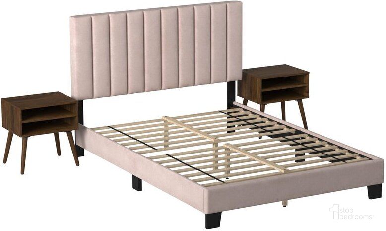 The appearance of Picket House Furnishings Colbie Upholstered Queen Platform Bed Iwith Nightstands In Blush designed by Picket House in the modern / contemporary interior design. This blush piece of furniture  was selected by 1StopBedrooms from Colbie Collection to add a touch of cosiness and style into your home. Sku: UCY3700QBE. Product Type: Nightstand. Material: Rubberwood. Image1