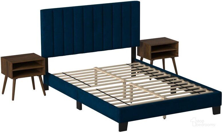 The appearance of Picket House Furnishings Colbie Upholstered Queen Platform Bed With Nightstands In Navy designed by Picket House in the modern / contemporary interior design. This navy piece of furniture  was selected by 1StopBedrooms from Colbie Collection to add a touch of cosiness and style into your home. Sku: UCY3703QBE. Product Type: Nightstand. Material: Rubberwood. Image1