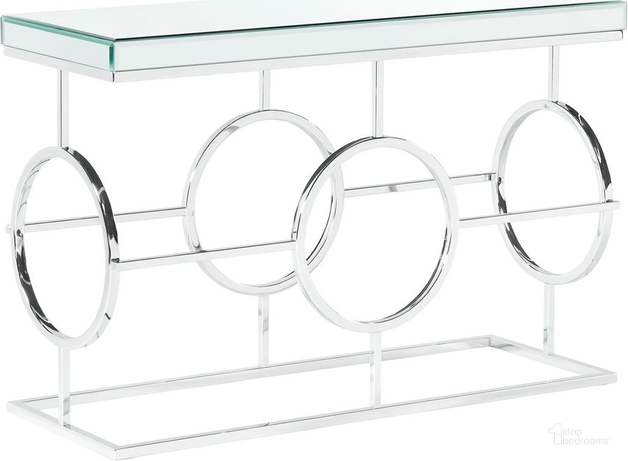 The appearance of Picket House Furnishings Katie Rectangle Mirrored Sofa Table designed by Picket House in the transitional interior design. This chrome piece of furniture  was selected by 1StopBedrooms from Katie Collection to add a touch of cosiness and style into your home. Sku: CTPL100STE. Material: Metal. Product Type: Sofa Table. Image1