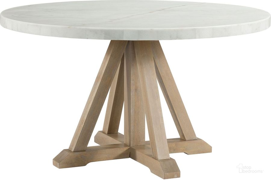 The appearance of Picket House Furnishings Liam Round Dining Table designed by Picket House in the transitional interior design. This white and natural piece of furniture  was selected by 1StopBedrooms from Liam Collection to add a touch of cosiness and style into your home. Sku: CDLW180RDTW;CDLW180RDTB. Table Base Style: Trestle. Table Top Shape: Round. Product Type: Dining Table. Material: Rubberwood. Size: 54". Image1