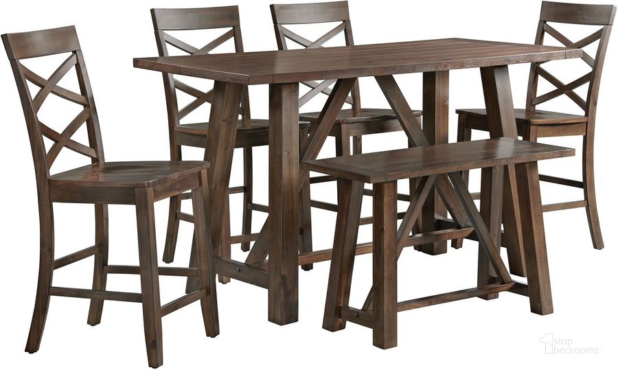 The appearance of Picket House Furnishings Regan 6Pc Counter Height Dining Set In Cherry-Table 4 Side Chairs and Bench designed by Picket House in the rustic / southwestern interior design. This cherry piece of furniture  was selected by 1StopBedrooms from Regan Collection to add a touch of cosiness and style into your home. Sku: DRN1006CS. Material: Wood. Product Type: Dining Room Set. Image1