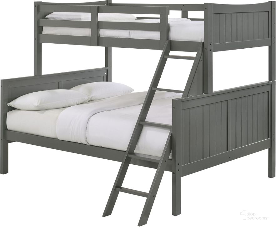 The appearance of Picket House Furnishings Santino Twin Over Full Bunk Bed In Grey designed by Picket House in the transitional interior design. This grey piece of furniture  was selected by 1StopBedrooms from Santino Collection to add a touch of cosiness and style into your home. Sku: SM300UHF;SM300LHF;SM300FGRL. Bed Type: Bunk Bed. Product Type: Bunk Bed. Bed Size: Twin Over Full. Material: Rubberwood. Image1