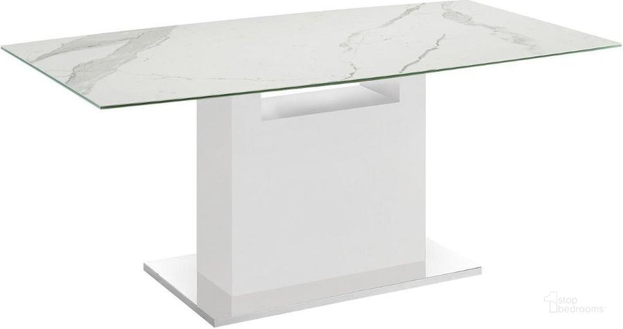 The appearance of Pigeonwood White Dining Table 0qd24431804 designed by Atelier Home in the modern / contemporary interior design. This white marble piece of furniture  was selected by 1StopBedrooms from Pigeonwood Collection to add a touch of cosiness and style into your home. Sku: TC-MFIX03WHTMAR. Table Base Style: Pedestal. Product Type: Dining Table. Material: Porcelain. Table Top Shape: Rectangular. Size: 71.