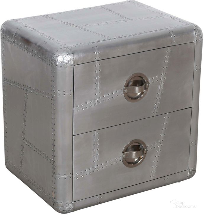 The appearance of Pilot 2 Drawer Nightstand In Silver designed by Moti in the  interior design. This silver piece of furniture  was selected by 1StopBedrooms from Pilot Collection to add a touch of cosiness and style into your home. Sku: 57014003. Material: Aluminum. Product Type: Nightstand. Image1