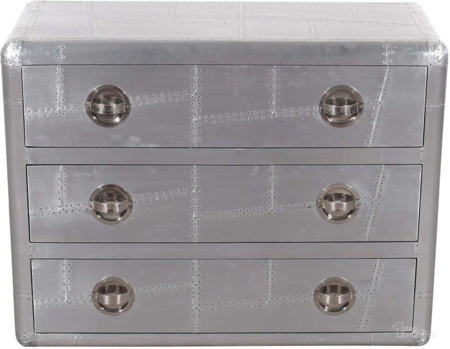 The appearance of Pilot 3 Drawer Chest In Silver 57015003 designed by Moti in the modern / contemporary interior design. This silver piece of furniture  was selected by 1StopBedrooms from Pilot Collection to add a touch of cosiness and style into your home. Sku: 57015003. Material: Aluminum. Product Type: Chest. Image1