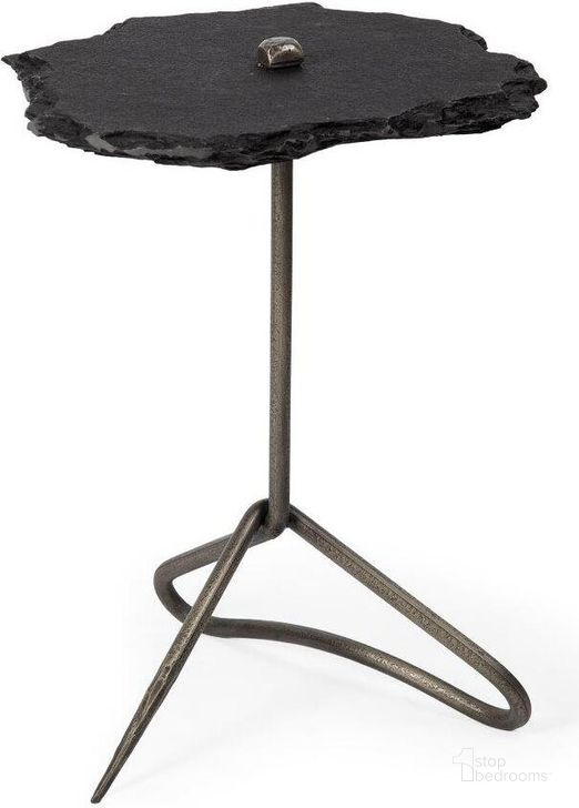The appearance of Pinera Ii Black Slate Top With Triangular Iron Base Accent Table designed by Mercana in the modern / contemporary interior design. This black piece of furniture  was selected by 1StopBedrooms from Pinera Collection to add a touch of cosiness and style into your home. Sku: 67803-AB. Product Type: Accent Table. Material: Iron. Image1