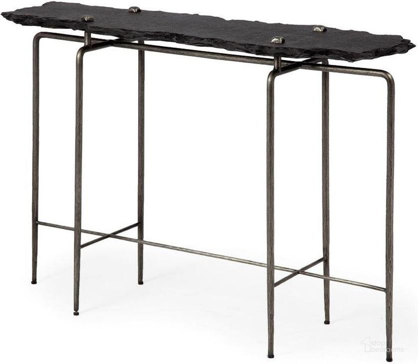 The appearance of Pinera Iii Black Slate With Iron Base Console Table designed by Mercana in the modern / contemporary interior design. This black piece of furniture  was selected by 1StopBedrooms from Pinera Collection to add a touch of cosiness and style into your home. Sku: 67801-AB. Product Type: Console Table. Material: Iron. Image1