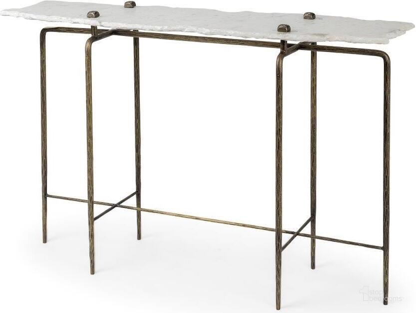 The appearance of Pinera Iii White Marble Top Gold-Toned Iron Base Console Table designed by Mercana in the industrial interior design. This white and gold piece of furniture  was selected by 1StopBedrooms from Pinera Collection to add a touch of cosiness and style into your home. Sku: 68245-AB. Product Type: Console Table. Material: Iron. Image1